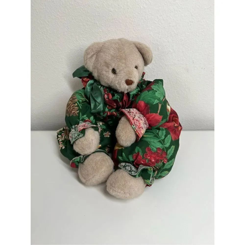 Vintage Bear Plush Fabric Body Red Pink Flowers Green Brown Stuffed Animal